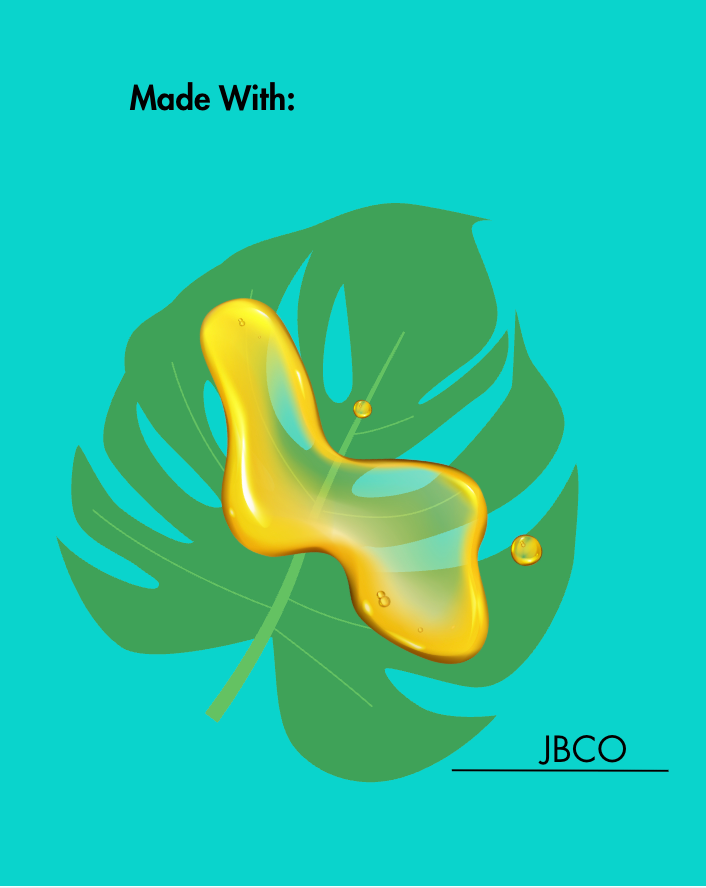 Gold leaf-shaped object on a green leaf with 'Made With:' and 'JBCO' text on a teal background