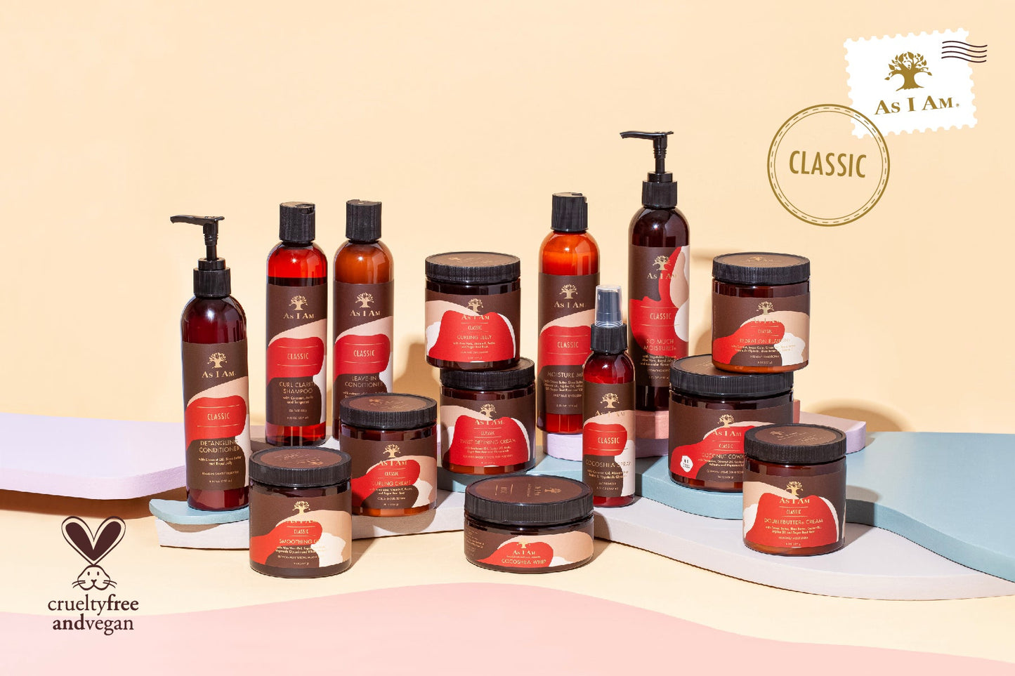 Assorted hair care products on a pink surface with 'as i am' branding.