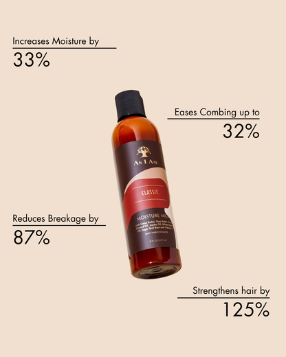 Shampoo bottle with benefits text on a beige background