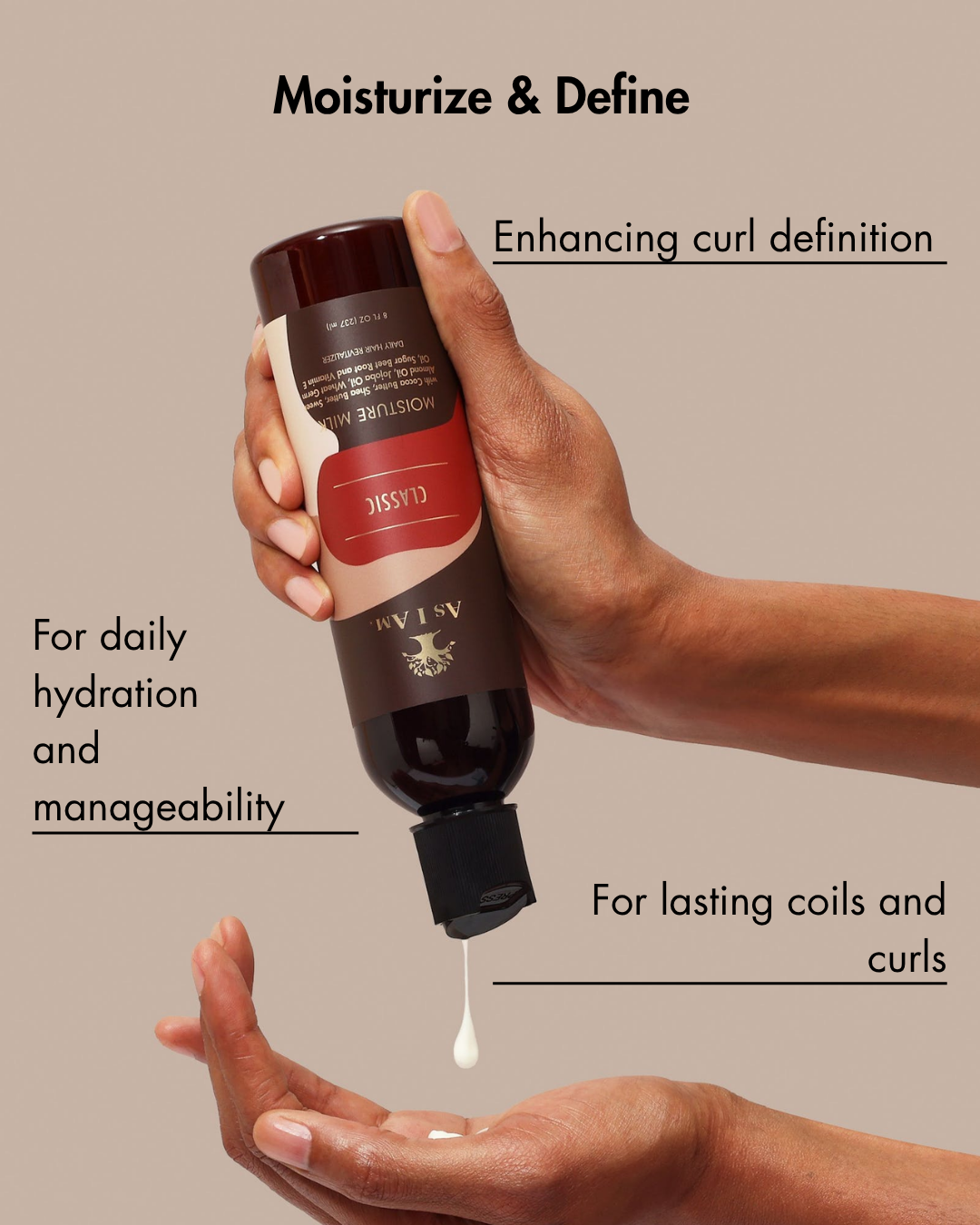 Hand holding a bottle of hair product with text on moisturizing and defining curls.