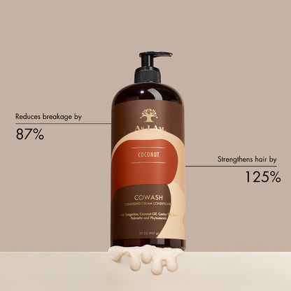 Cowash cleansing cream conditioner bottle with coconut flavor on a beige background