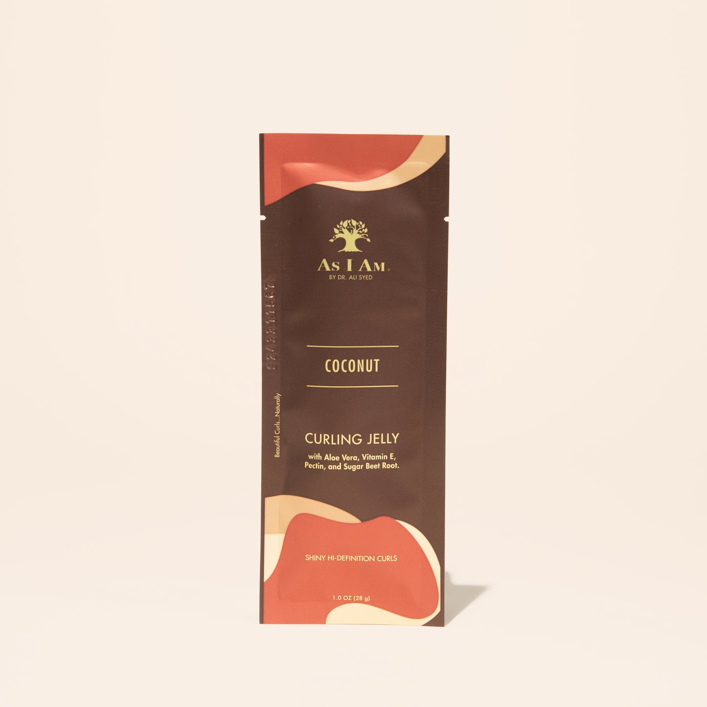 AS I AM Curling Jelly in a 1 oz sachet, showcasing a clear, gel-like texture—formulated to define curls and coils, minimize frizz, and provide long-lasting hold with shine and bounce.