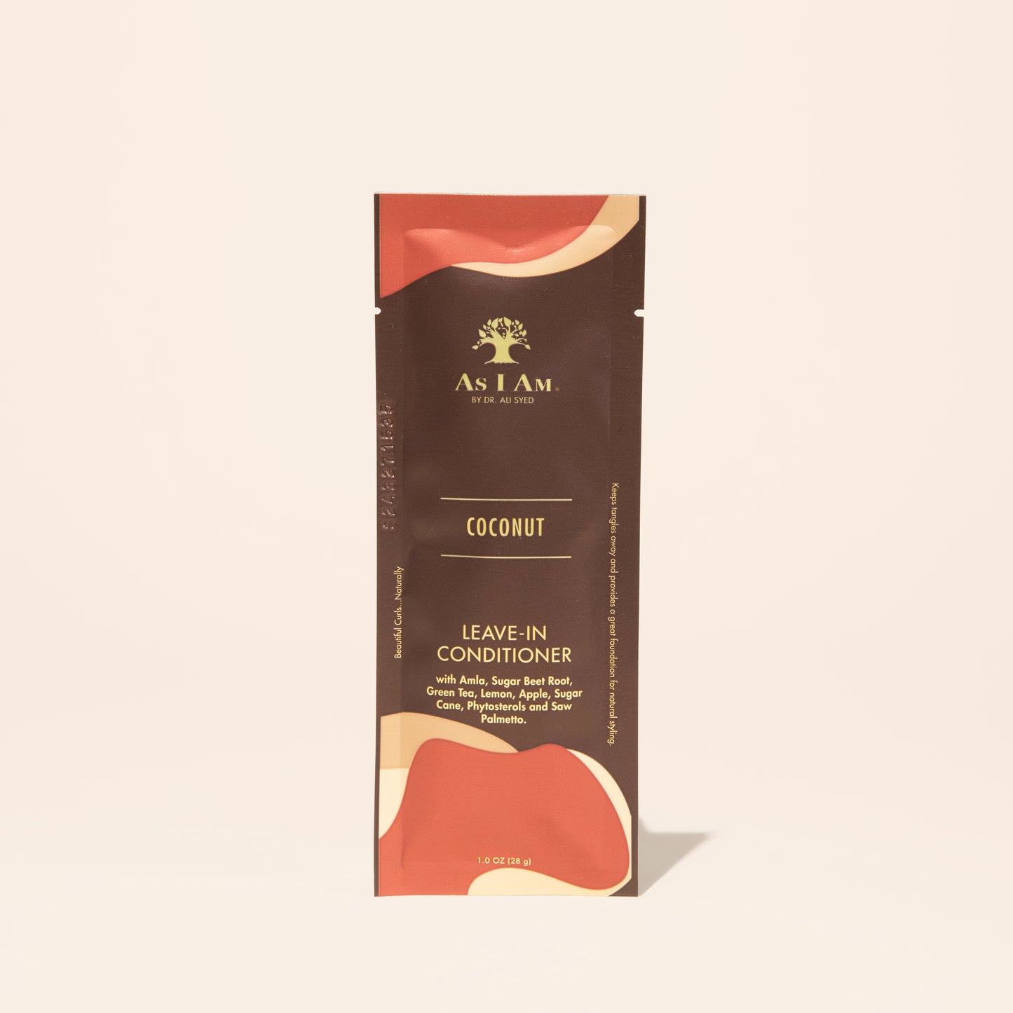 AS I AM Leave-In Conditioner in a 1 oz sachet, featuring a lightweight, creamy texture—designed to smooth the cuticle, add moisture, ease detangling, and prep textured hair for styling while promoting shine and manageability.