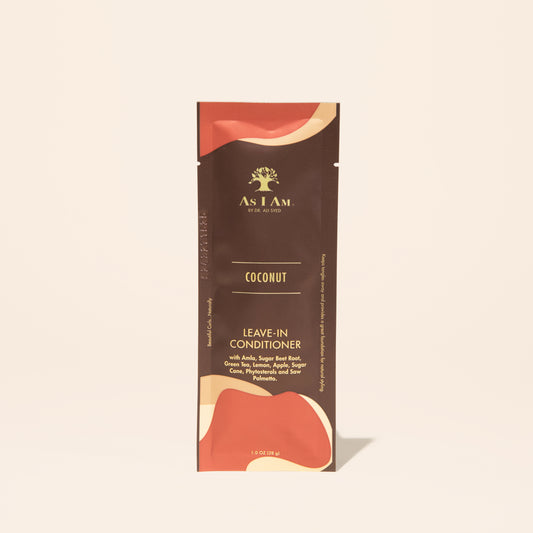 AS I AM Leave-In Conditioner in a 1 oz sachet, featuring a lightweight, creamy texture—designed to smooth the cuticle, add moisture, ease detangling, and prep textured hair for styling while promoting shine and manageability.
