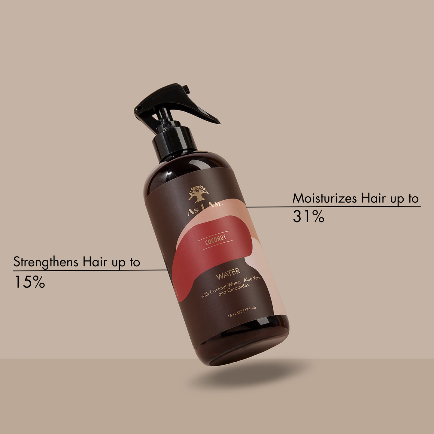 Hair care product bottle with text on a beige background