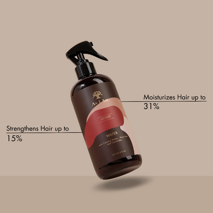 Hair care product bottle with text on a beige background