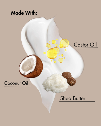 Illustration of a skincare product with coconut oil, shea butter, and castor oil labeled on a beige background.