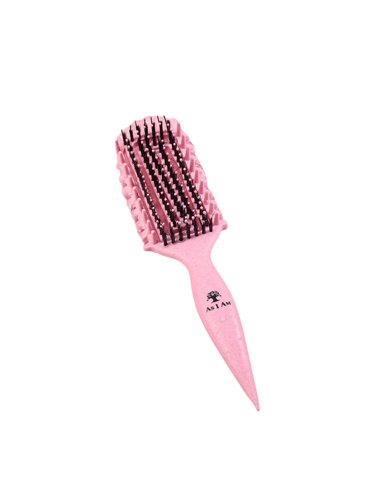 Pink hairbrush with black bristles on a white background
