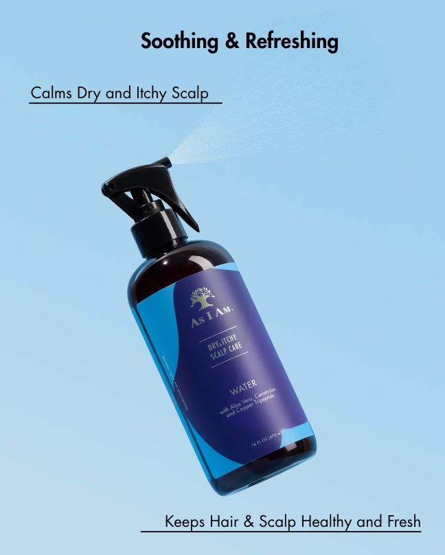 Blue bottle with black spray nozzle on a light blue background, featuring text about scalp care.