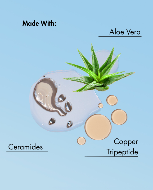 Product ingredients displayed on a blue background with aloe vera, ceramides, and copper tripeptide.