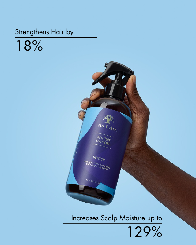 Hand holding a blue bottle with text about hair strength and scalp moisture on a light blue background