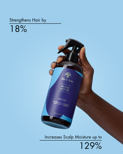 Hand holding a blue bottle with text about hair strength and scalp moisture on a light blue background