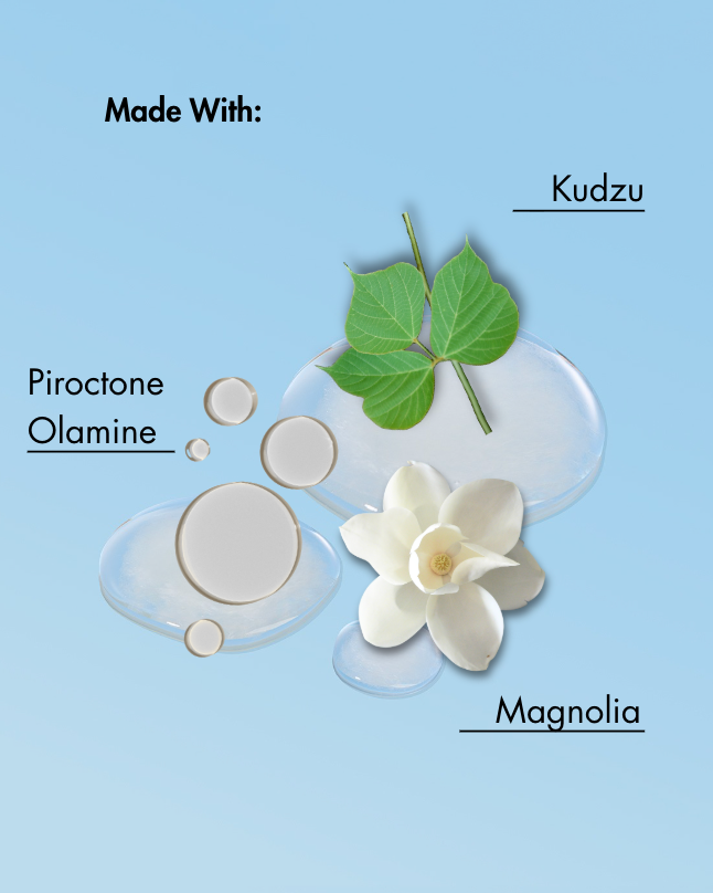 Product ingredients displayed on a light blue background with kudzu, piroctone olamine, and magnolia.