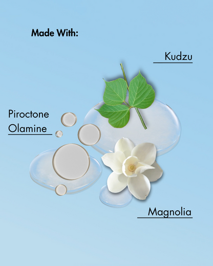Product ingredients displayed on a light blue background with kudzu, piroctone olamine, and magnolia.