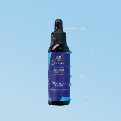 Bottle of 'As I Am' itch relief drops on a light blue background