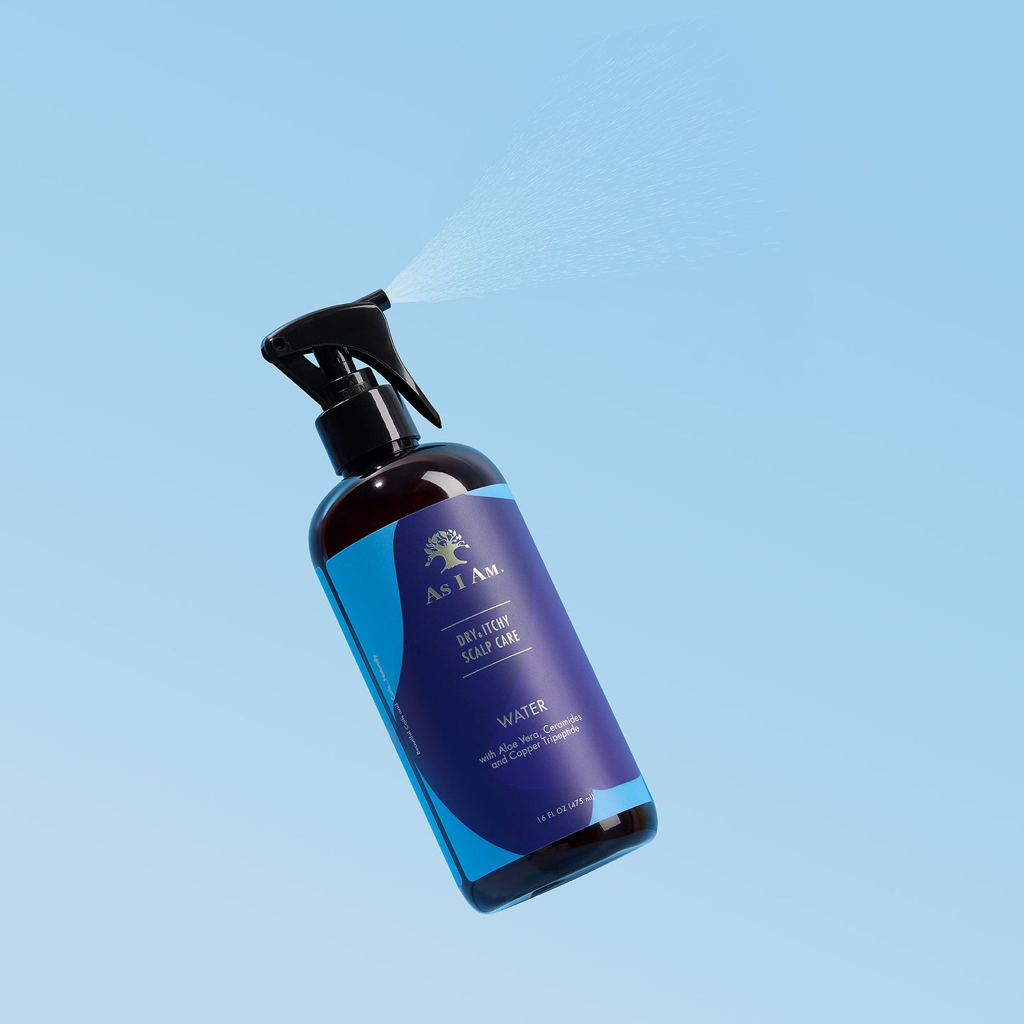 Blue spray bottle with a label on a light blue background