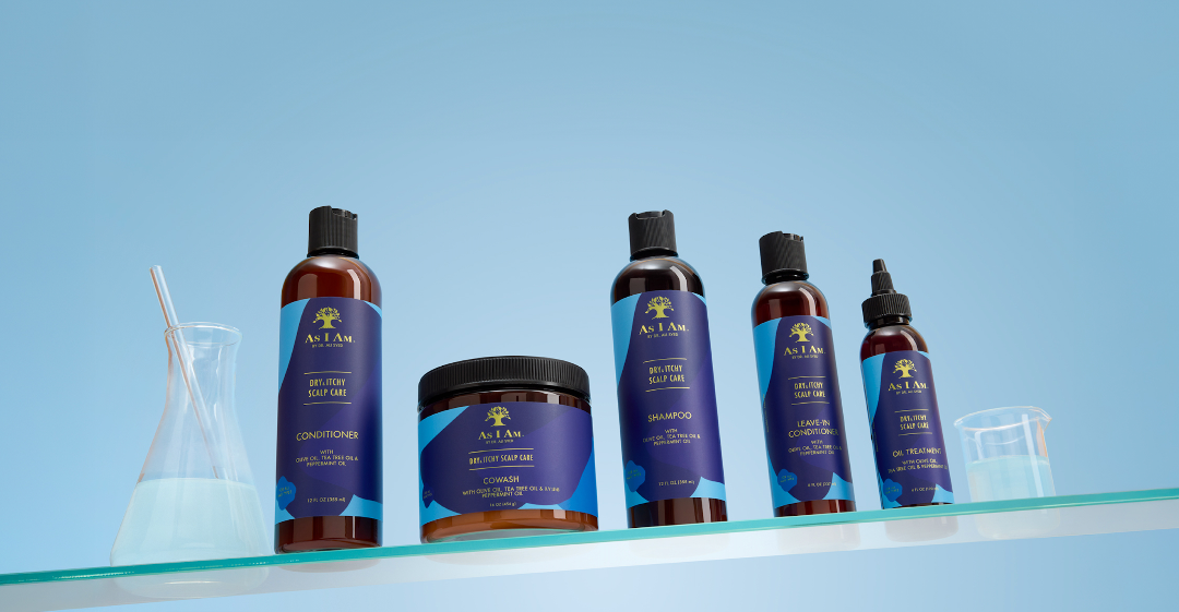 As I Am Dry & Itchy Scalp Care Collection, a specialized haircare line designed to relieve dandruff, soothe irritation, and hydrate the scalp.