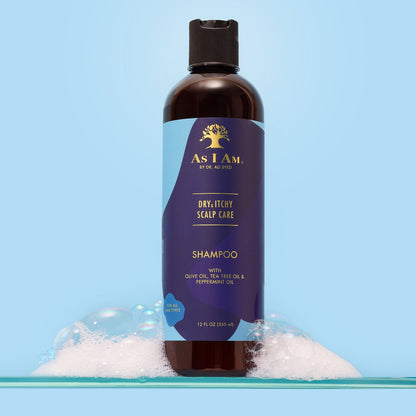 As I Am Dry & Itchy Scalp Care Shampoo, a dandruff-fighting cleanser designed to soothe dry, itchy scalp while moisturizing and refreshing hair.