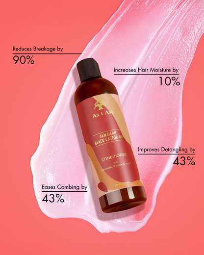 A bottle of Jamaican Black Castor Oil Conditioner on a pink background with text highlighting benefits.