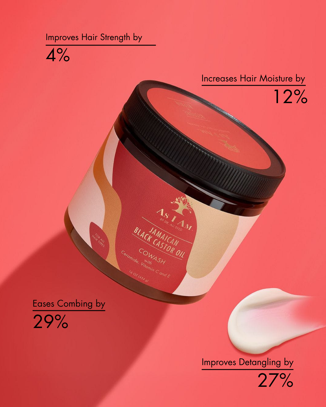 Jar of As I Am hair product with text on a red background