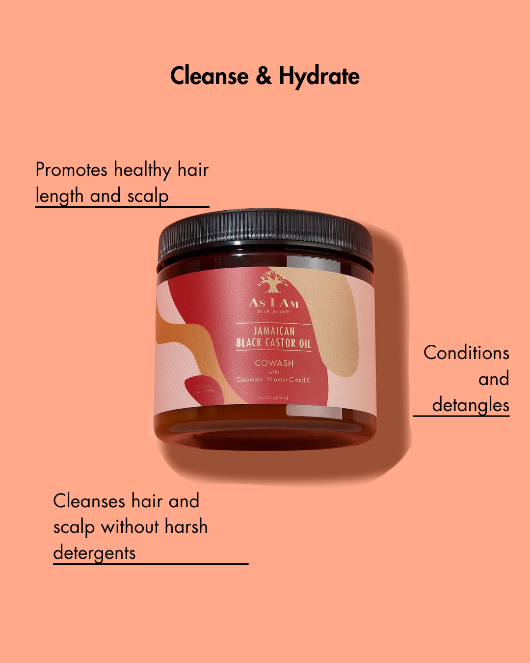 Jamaican Black Castor Oil product on a peach background with text about hair care benefits.