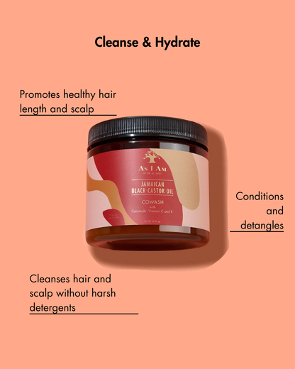 Jamaican Black Castor Oil product on a peach background with text about hair care benefits.