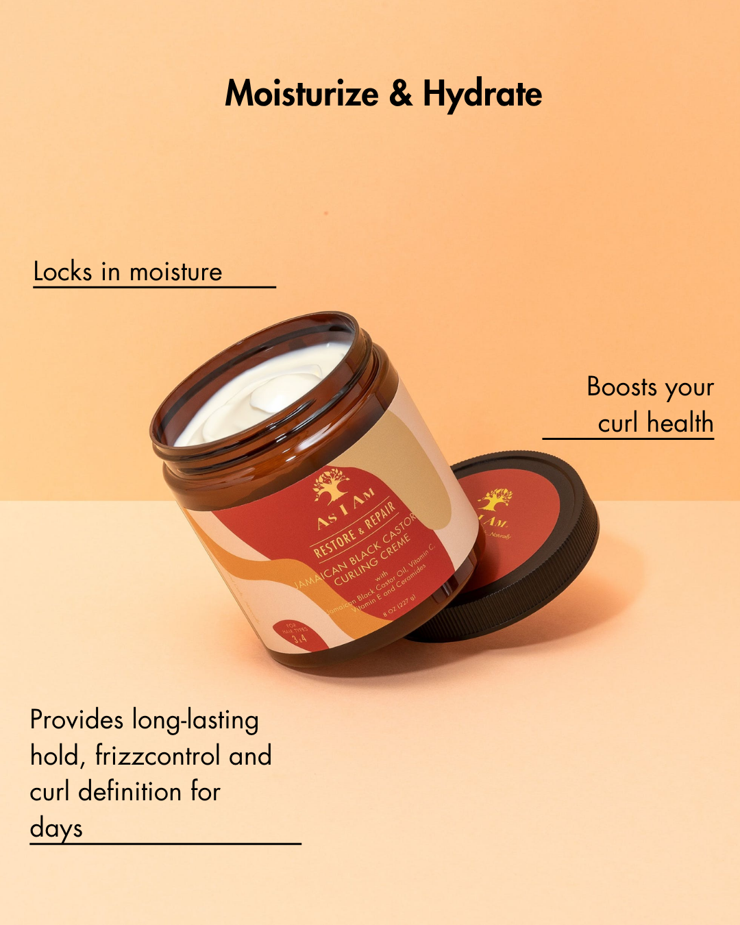 Jar of hair care product with text on a beige background