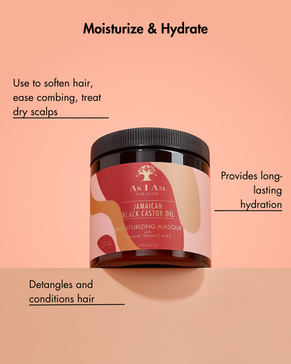 As I Am Jamaican Black Castor Oil moisturizing masque jar on a peach background