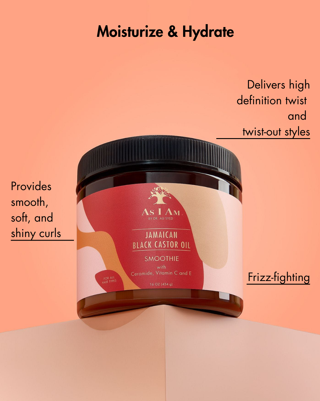 Jamaican Black Castor Oil Smoothie jar with product benefits on a peach background