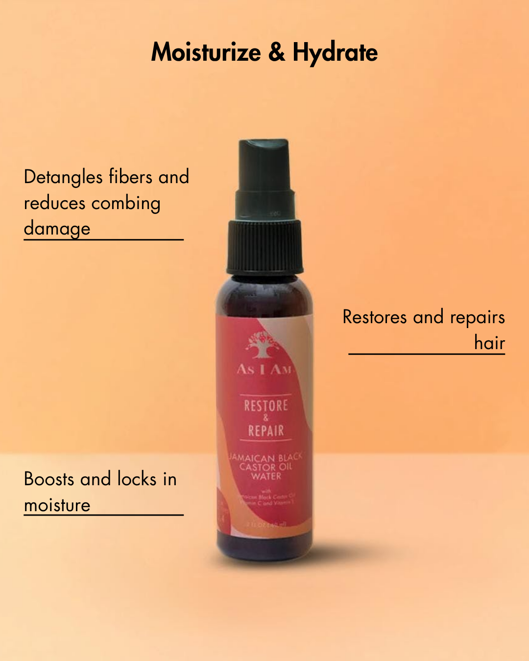 Bottle of As I Am Restore & Repair Jamaican Black Castor Oil Water on a gradient background