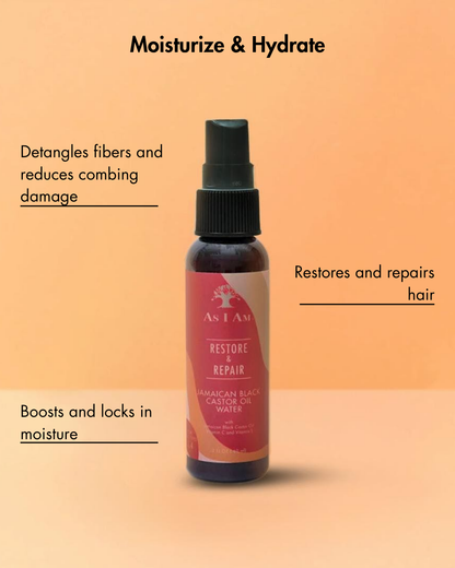 Bottle of As I Am Restore & Repair Jamaican Black Castor Oil Water on a gradient background