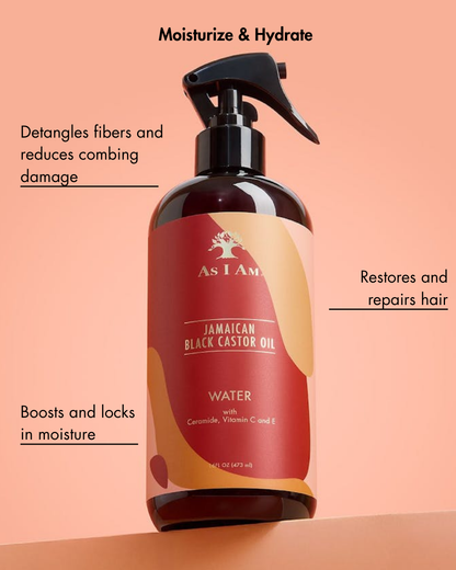 As I Am Jamaican Black Castor Oil Water bottle on a peach background with text about product benefits.