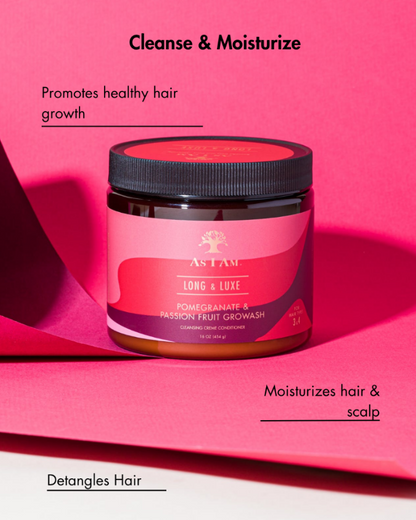 Jar of hair care product with pink background and text about hair care benefits