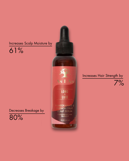 Bottle of hair serum with text on a pink background