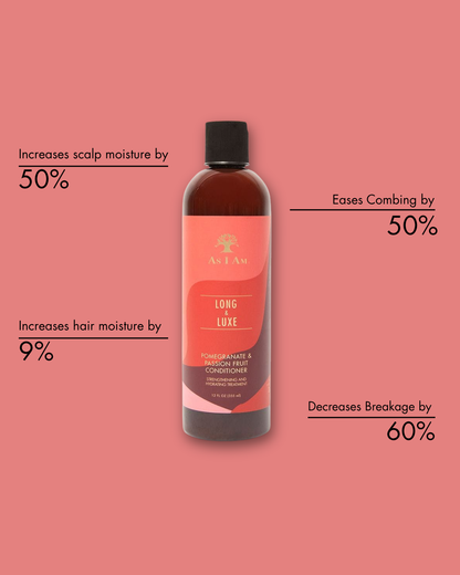 Bottle of As i am Long & Luxe conditioner with product benefits on a pink background