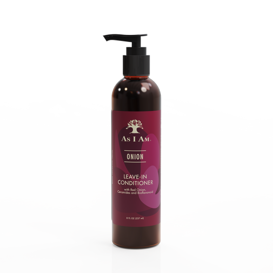 Bottle of As I Am Onion Leave-In Conditioner on a white background