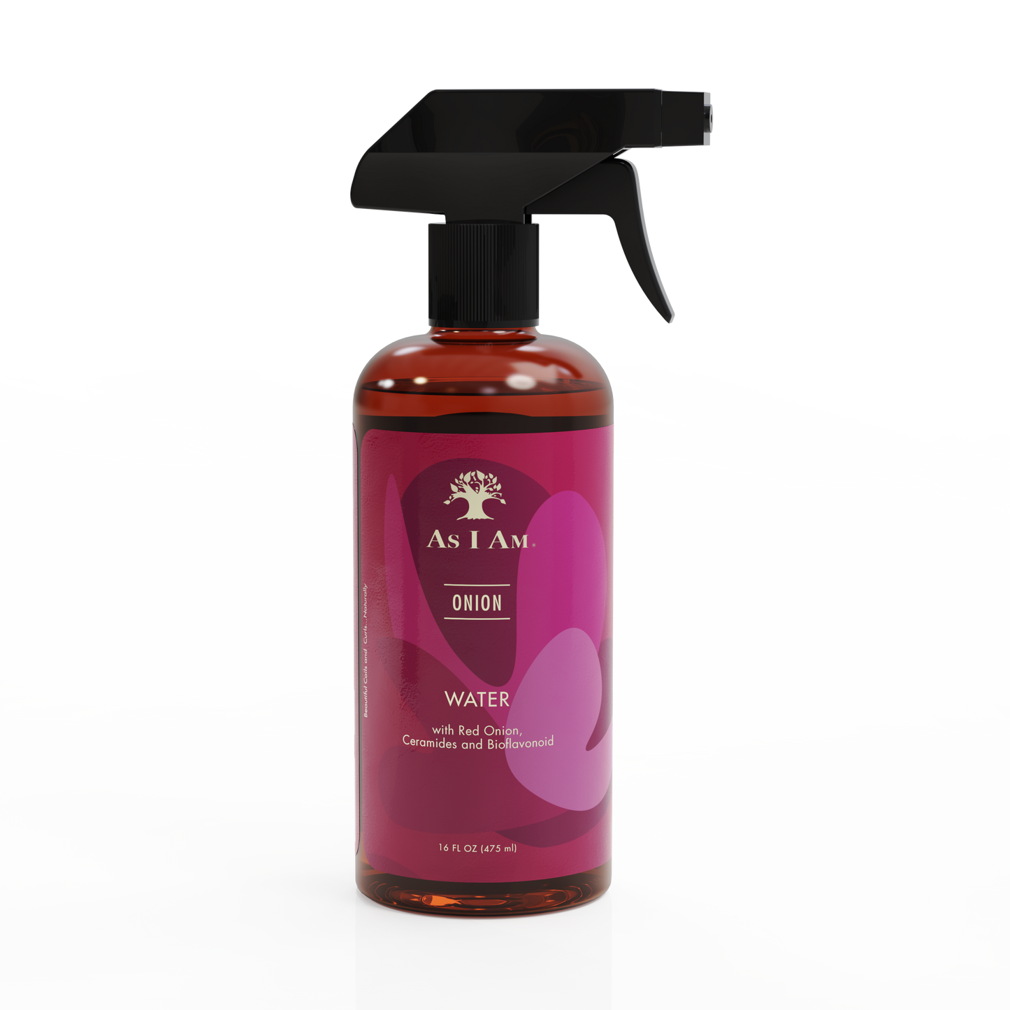 Bottle of As I Am Onion Water with a black spray nozzle on a white background