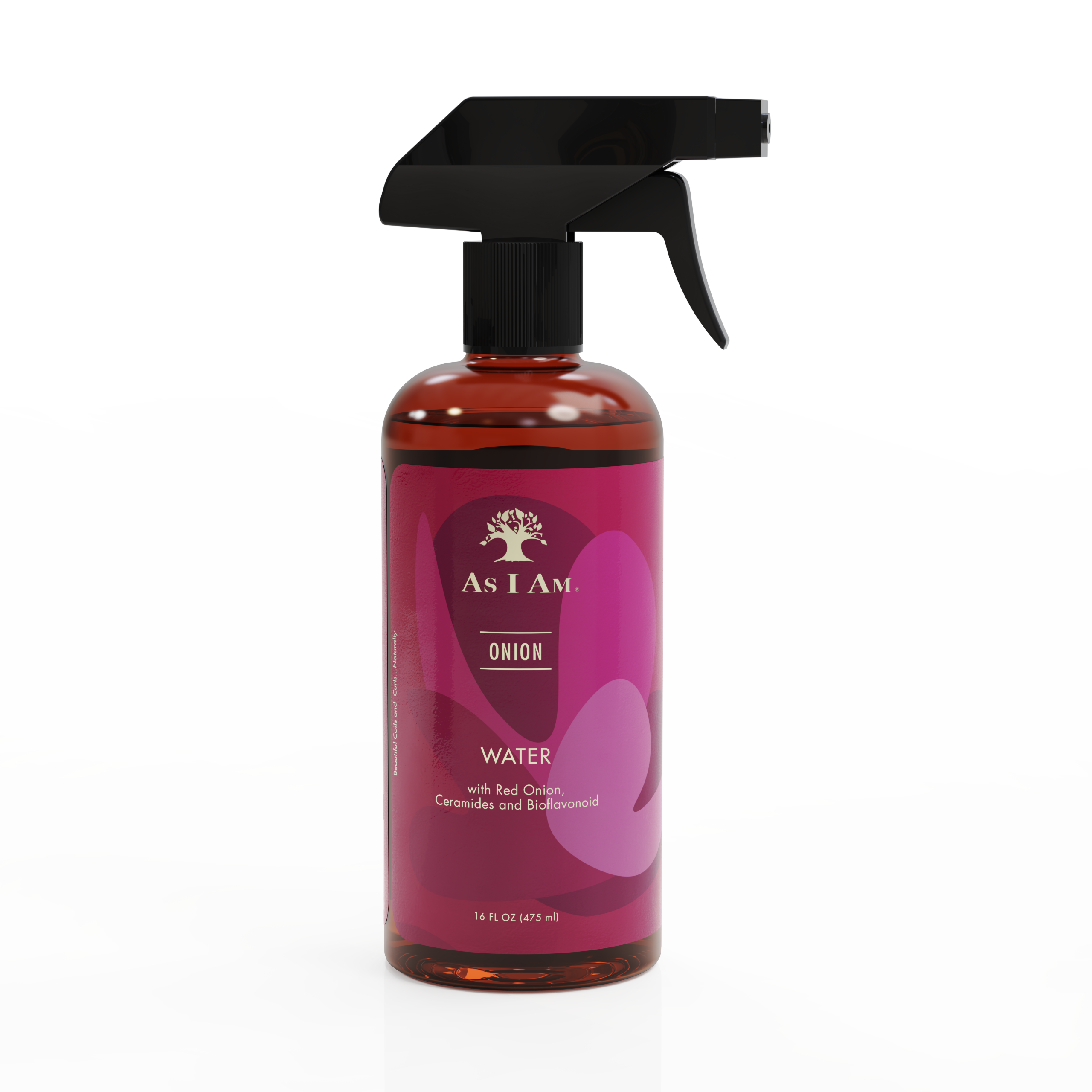 Bottle of As I Am Onion Water with a black spray nozzle on a white background