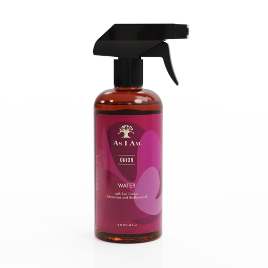 Bottle of As I Am Onion Water with a black spray nozzle on a white background