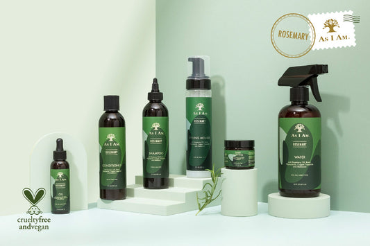 Collection of green skincare products on a white surface with a light green background, featuring the Rosemary As I Am brand.