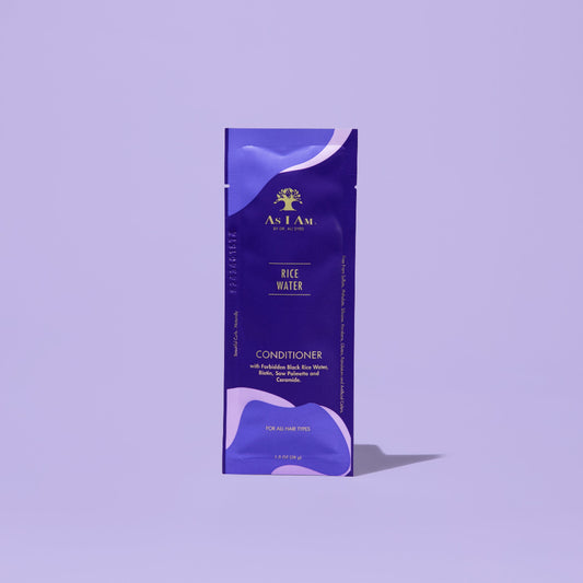 AS I AM Rice Water Conditioner in a 1 oz sachet, featuring a creamy, rich texture with a pearly white finish—formulated to deeply moisturize, strengthen, and detangle textured hair while promoting hair growth, preventing hair loss, and fighting hair breakage.