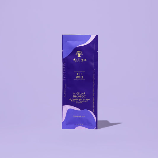AS I AM Rice Water Shampoo in a 1 oz sachet, featuring a silky, pearly liquid texture—gently cleanses the scalp and hair while promoting hair growth, preventing hair loss, and reducing breakage for stronger, healthier strands.