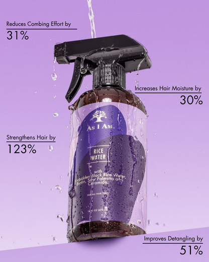 Bottle of As I Am rice water spray on a purple background with text highlighting benefits.