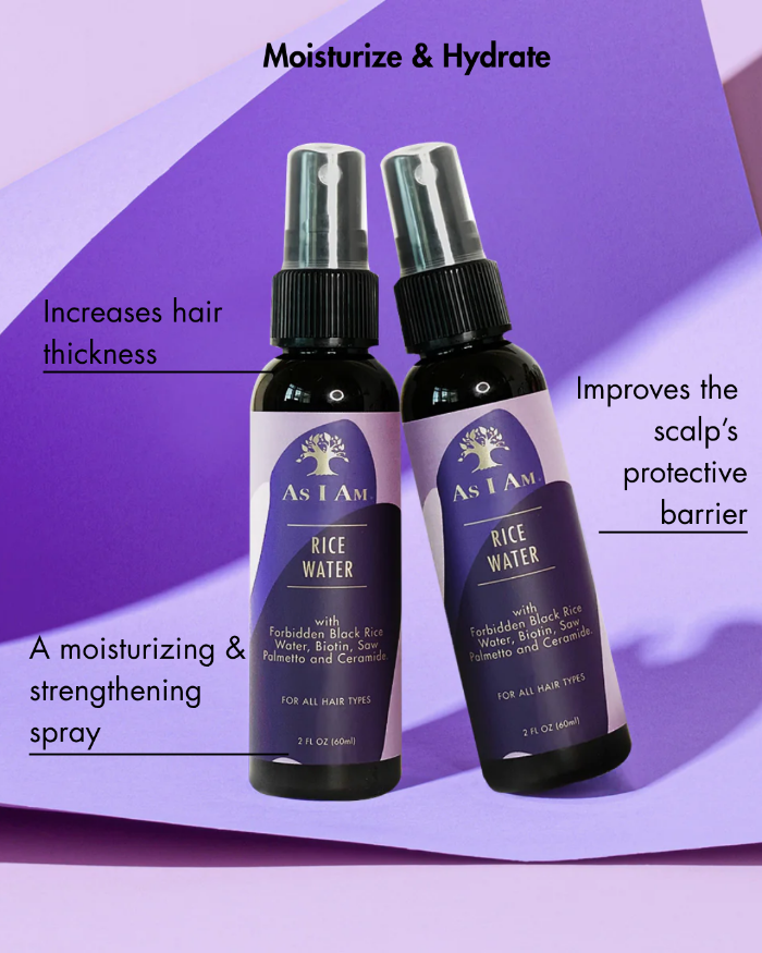 Two bottles of 'As I Am' Rice Water spray on a purple background with text about hair care benefits.
