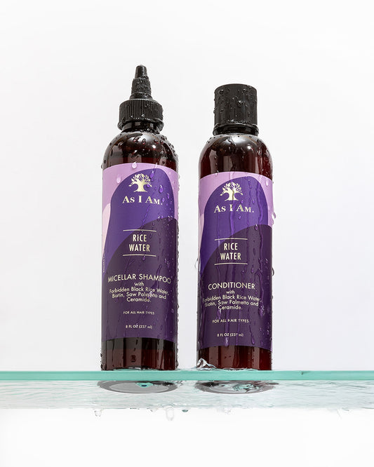Two bottles of As I Am Rice Water Micellar Shampoo and Conditioner on a white background