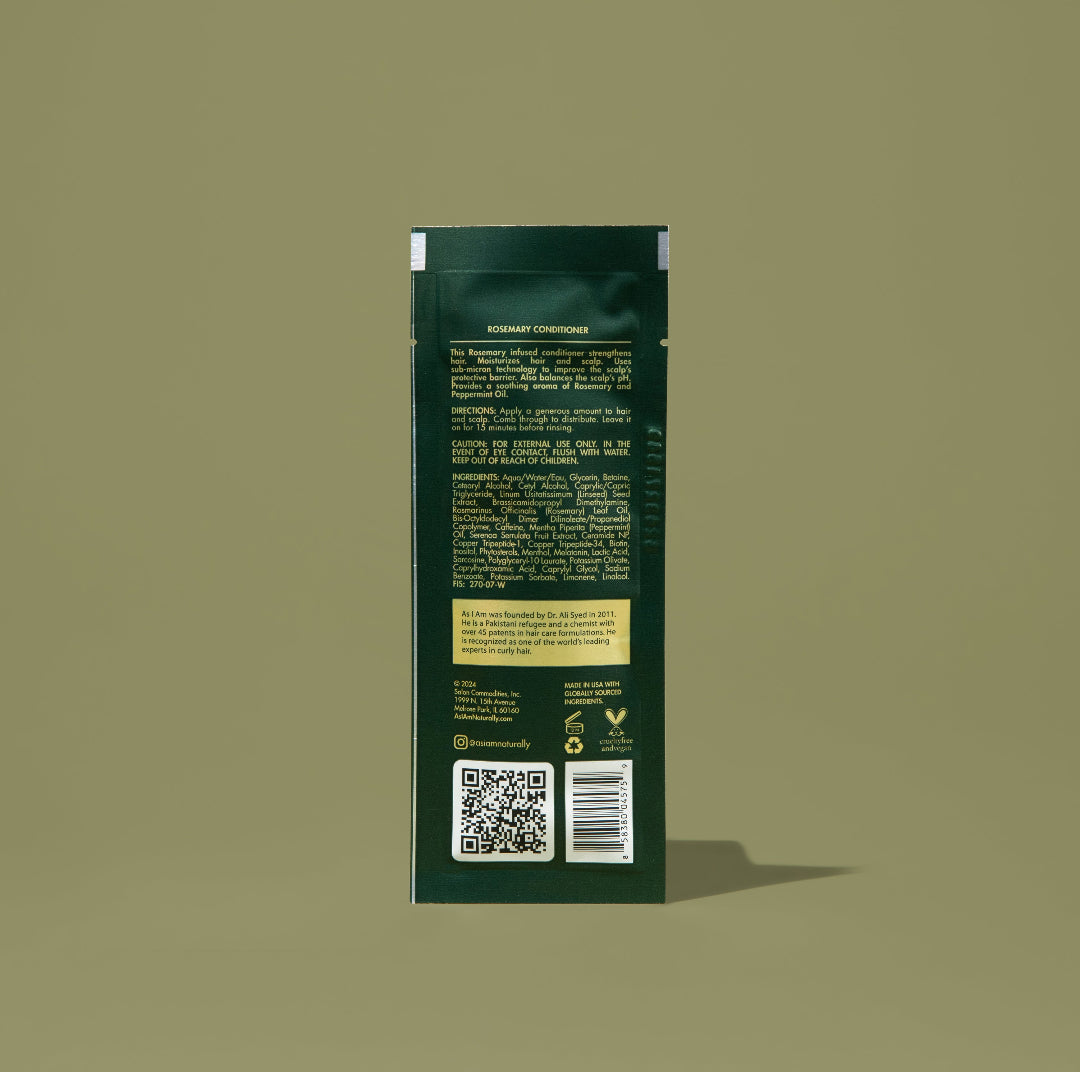 AS I AM Rosemary Conditioner in a 1 oz sachet, featuring a rich, creamy texture—formulated to deeply moisturize, strengthen, and detangle while promoting hair growth, reducing breakage, and soothing the scalp.