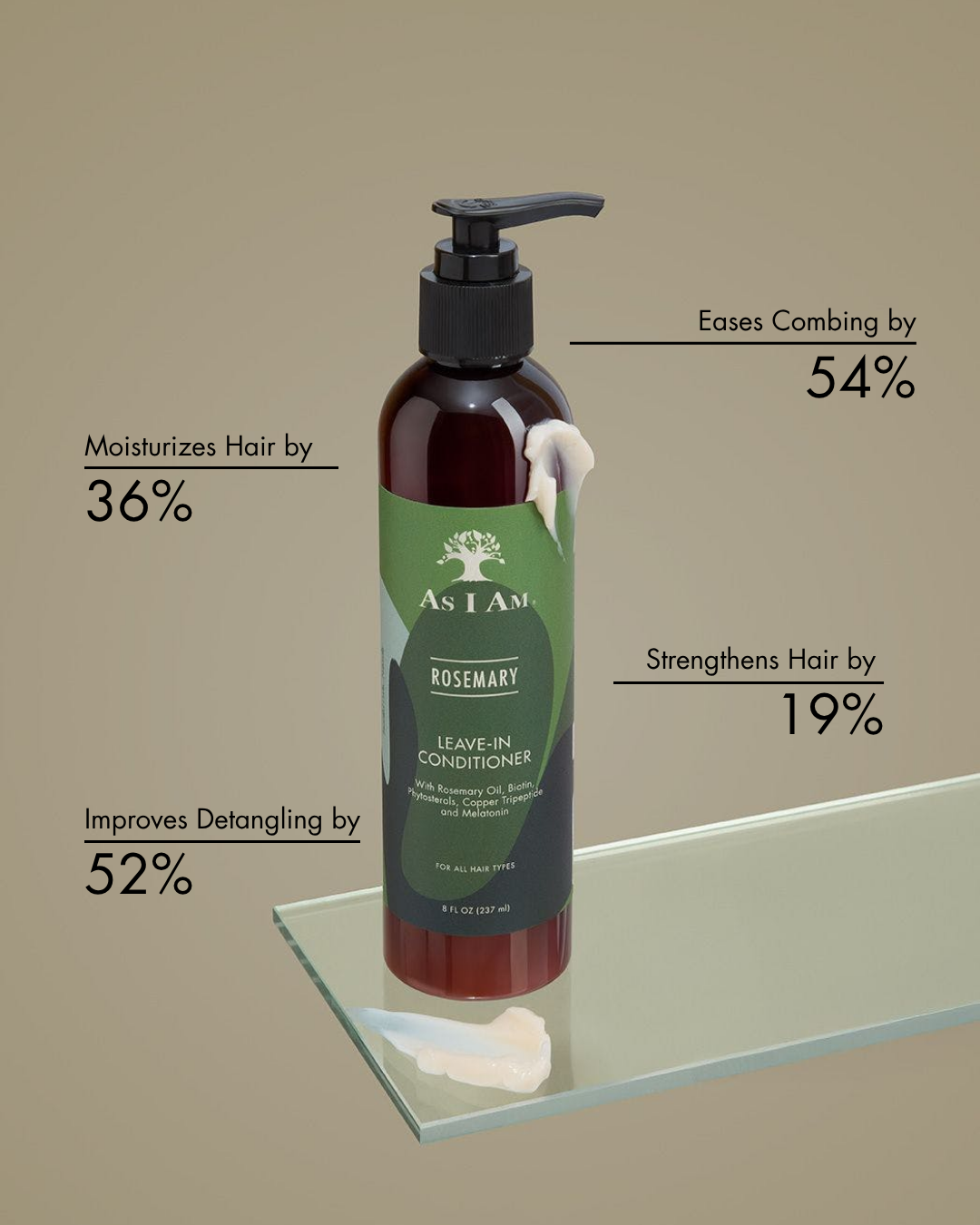 As I Am Rosemary Leave-In Conditioner bottle with usage benefits on a beige background