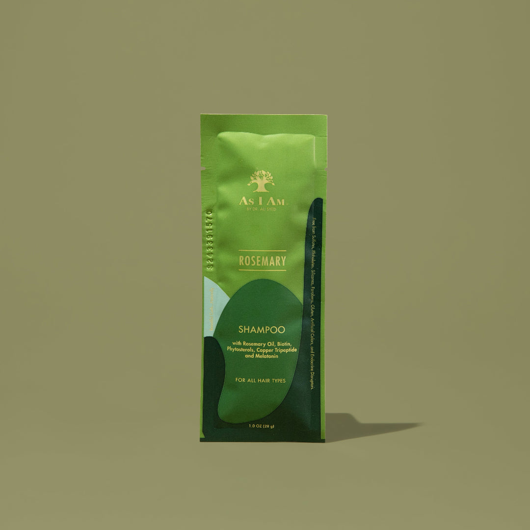 AS I AM Rosemary Shampoo in a 1 oz sachet, with a lightweight texture—formulated to invigorate the scalp, promote hair growth and gently cleanse while strengthening hair and preventing breakage.