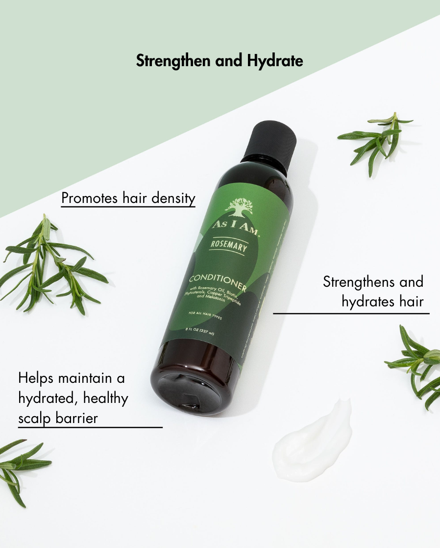 As I Am Rosemary Conditioner bottle with text on a white and green background