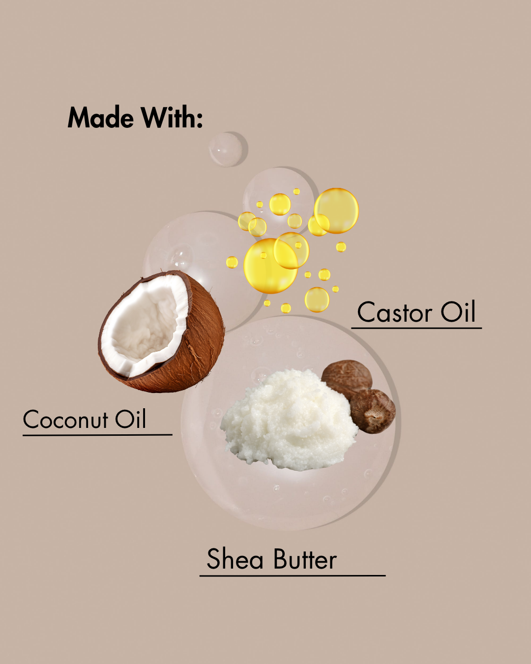Illustration of coconut oil, castor oil, and shea butter with labels on a beige background.